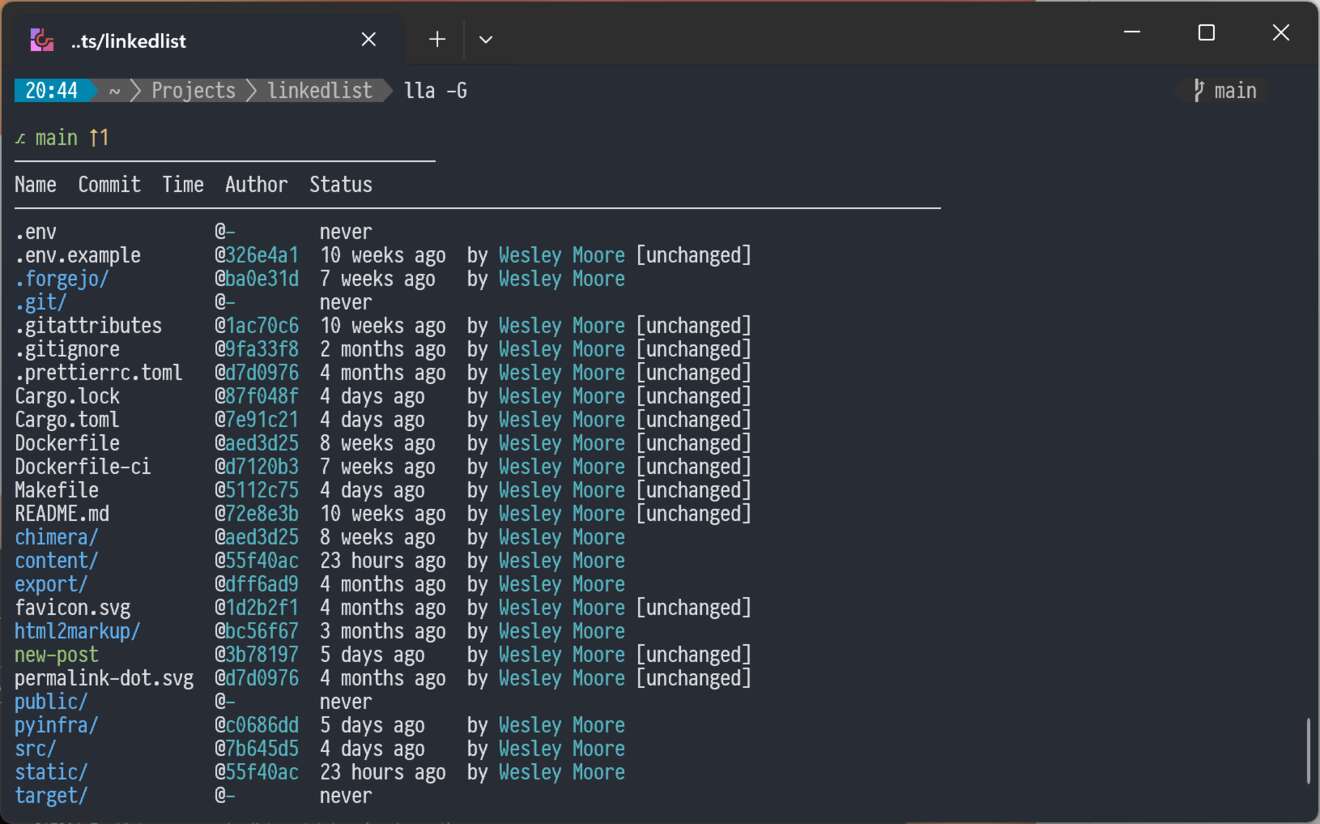 lla -G run in a terminal. The file listing includes information about the git status of each file: name, commit, author, last changed, status.