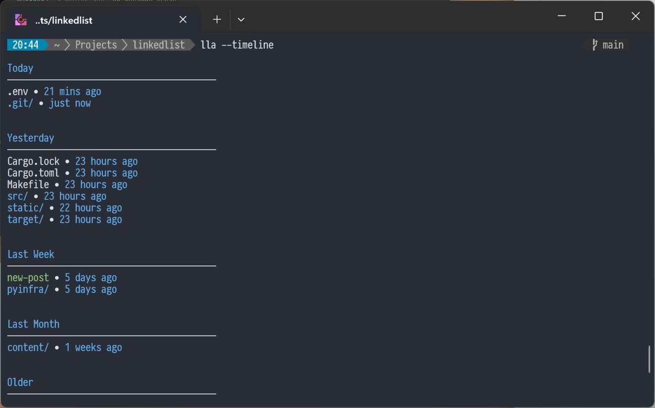 lla --timeline run in a terminal. The file listing is chunked up by today, yesterday, last week, last month.