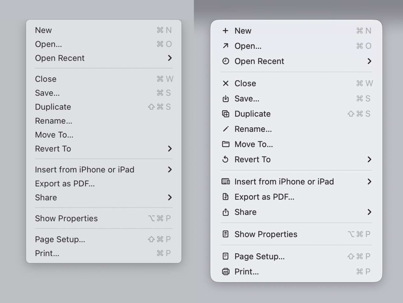 Screenshot of two menus. On the left is Sequia with no icons, and on the right is Tahoe with many icons.